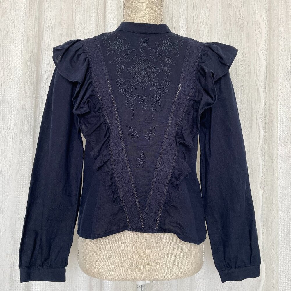 Simple Retro x Campos Lab Women's Peasant Top Small Blue Linen Cotton Blouse